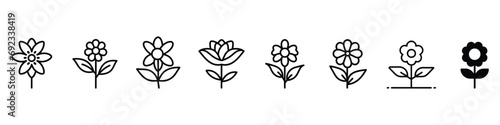 Flower icon. Black color flower shape icon, Icon set of flower. Flowers line icons set. Blooming plants - rose, tulip, daisy bouquet, Flower icons, flower icon