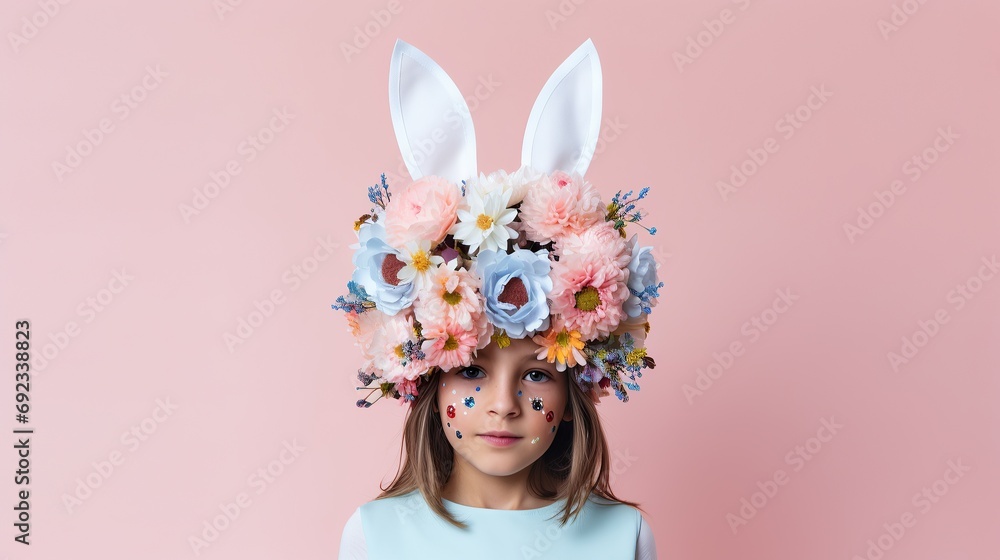 Surprised little girl with bunny ears and flowers on color background. Easter celebration