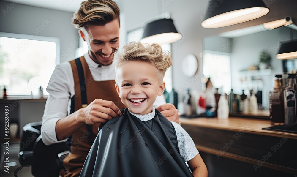 A Fatherly Barber Grooming a Young Boy's Hair A Fatherly Barber Grooming a Young Boy's Hair