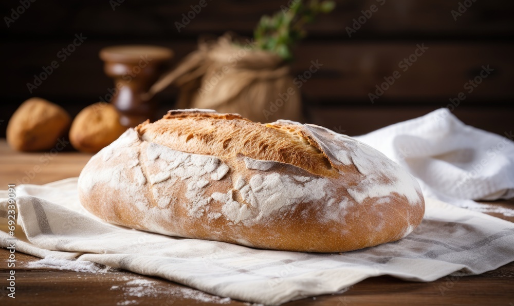 A Rustic Wooden Table Setting With a Freshly Baked Loaf of Bread A Rustic Wooden Table Setting With a Freshly Baked Loaf of Bread