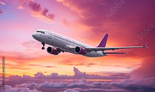 Airborne Beauty: Majestic Aircraft Soaring Through a Vibrant Sunset Sky