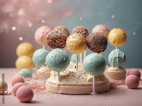 Delicious cake pops decorated with frosting chocolate and sprinkles, easter eggs in a basket