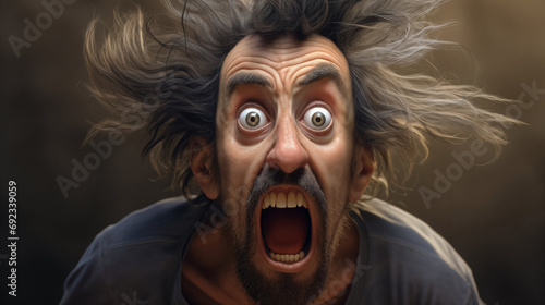 Man with wide, terrified eyes and wild hair screaming. © RISHAD