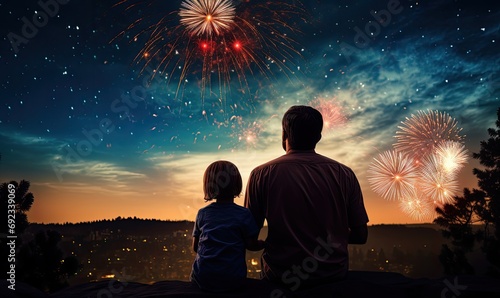 Watching the Colors Explode: A Father and Son Mesmerized by the Fireworks Show