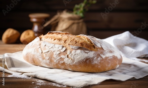 A Rustic Wooden Table Setting With a Freshly Baked Loaf of Bread