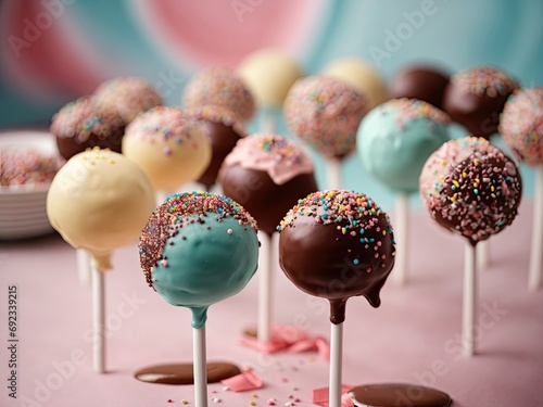 Delicious cake pops decorated with frosting chocolate and sprinkles, chocolate easter eggs in a basket © Picturemaker