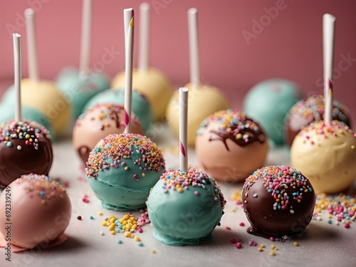 Delicious cake pops decorated with frosting chocolate and sprinkles, chocolate easter eggs