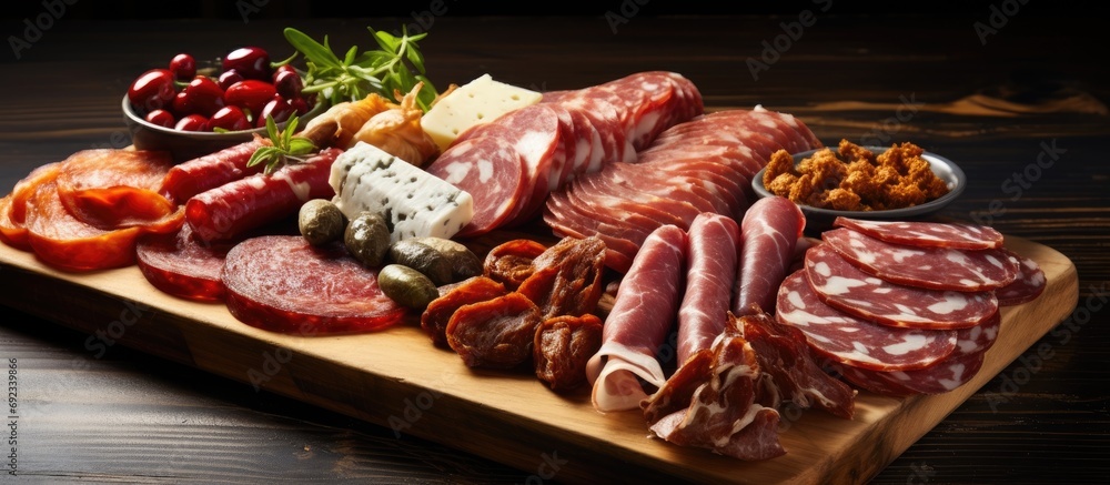 Assortment of cured meats and sausages on a board. Assortment of cured meats and sausages on a board.