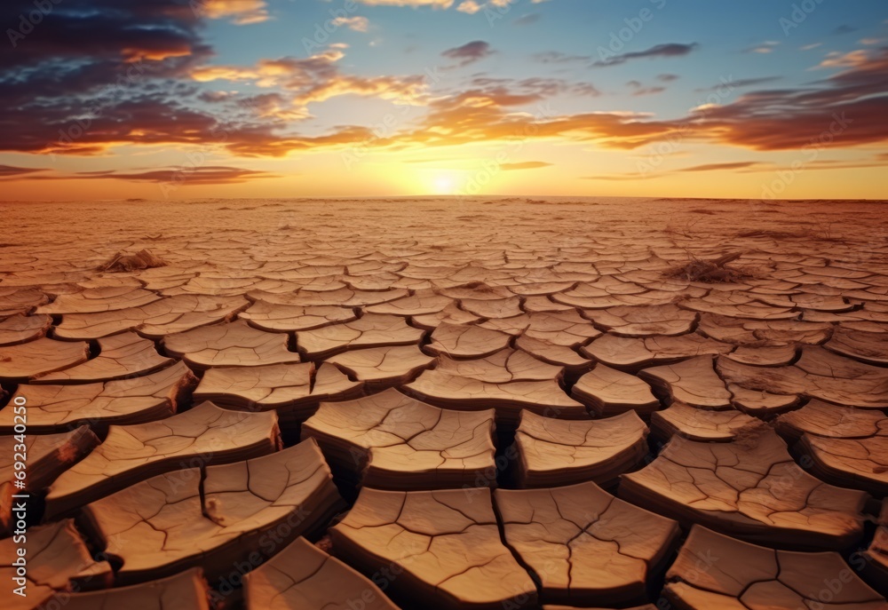 Dramatic sunset over cracked earth. Desert landscape background - obrazy, fototapety, plakaty 