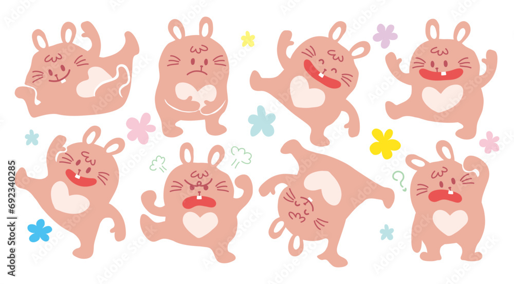 Easter happy bunny with variety emotion and action.Cute hand drawn style rabbit dance and laugh character.Set of bunny animal sticker.Collection avatar of cartoon bunny with white heart shape on belly Easter happy bunny with variety emotion and action.Cute hand drawn style rabbit dance and laugh character.Set of bunny animal sticker.Collection avatar of cartoon bunny with white heart shape on belly