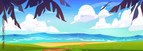 Sea beach landscape with palm trees. Vector cartoon illustration of seascape view from summer island with green grass and sand, waves on water surface, sun shining in blue sky, travel background