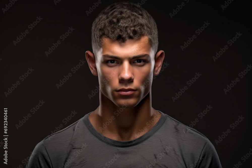 Dramatic concept Black and white close-up portrait of young handsome man looking forward. Studio shot on black background Dramatic concept Black and white close-up portrait of young handsome man looking forward. Studio shot on black background