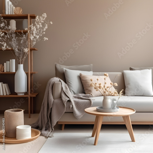 Modern interior design of living room with brown wooden sofa, gray bookstand, glassy vase with flowers, decoration and elegant accessories. Beige and japandi concept. Stylish home staging. photo