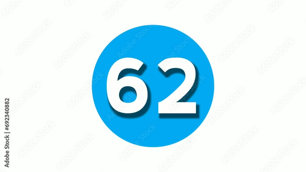 Number 62 sixty two sign symbol animation motion graphics on white circle blue background,4k cartoon video number for video elements Number 62 sixty two sign symbol animation motion graphics on white circle blue background,4k cartoon video number for video elements