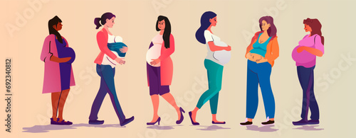 mix race pregnant women future moms standing together and discussing during meeting pregnancy motherhood expectation