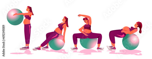 set pregnant woman future mom doing exercises with fitness ball pregnancy motherhood expectation healthy lifestyle concept