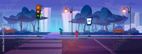 Dark night city street sidewalk near public park with pedestrian walkway across road, traffic light and bus stop sign. Cartoon vector illustration of empty evening pavement near highway with crosswalk