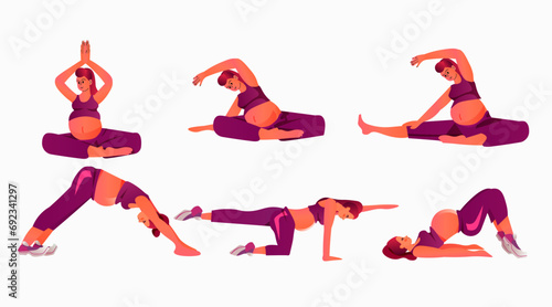 set pregnant woman future mom doing stretching fitness exercises pregnancy motherhood expectation healthy lifestyle concept