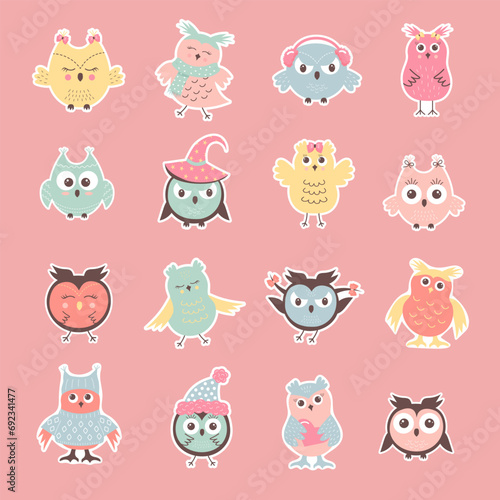 Fototapeta Naklejka Na Ścianę i Meble -  Cute funny owls sticker set. Winter characters in different clothing and various poses. Colorful vector illustration in flat cartoon style.