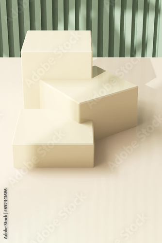 Three modern cream cuboid podium, geometric pedestal on counter, dappled light on green corrugated wall. Luxury cosmetic, skincare, beauty, body care, treatment, fashion product display background 3D