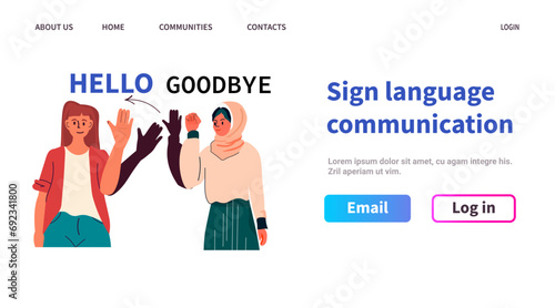 mix race women with hearing aid disabled girls using sign language showing hello and goodbye gestures hearing disability concept