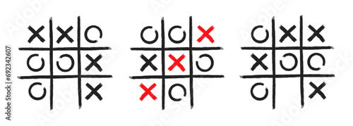 Tic tac toe xo game hand drawn grid doodle template vector illustration set isolated on white background photo