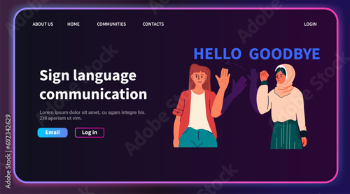 mix race women with hearing aid disabled girls using sign language showing hello and goodbye gestures hearing disability concept