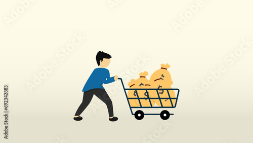 Successful trader, Successful investor, successful businessman making money from business, income and investment, budget, savings or profit concept, happy rich businessman pushing many stacks of sacks