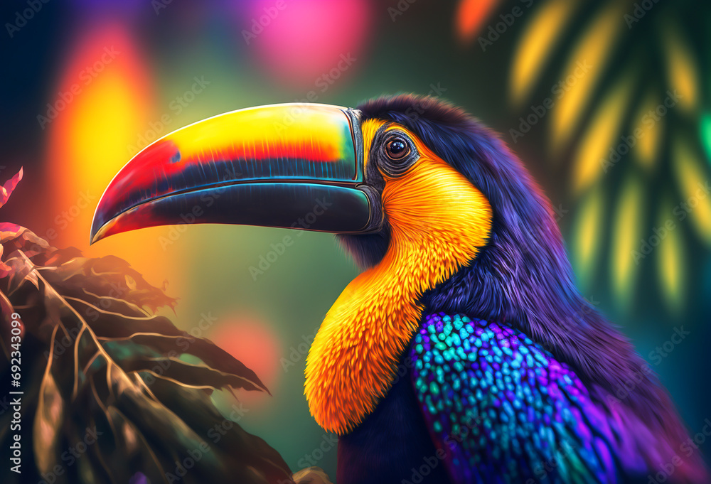 Obraz premium Bright vibrant Toucan bird isolated on black background. Generative AI 