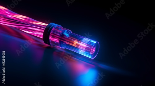 Concept of closeup view of vibrant neoncolored optical fiber cable with light transmission, showcasing the technology of highspeed data communication. photo