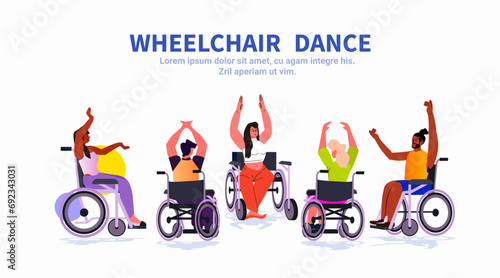 disabled mix race people sitting in wheelchairs and dancing men women with disabilities concept horizontal copy space