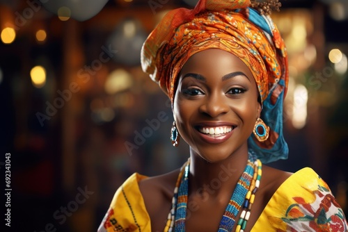 Radiant woman in traditional African attire with vibrant patterns and headscarf. Cultural diversity.