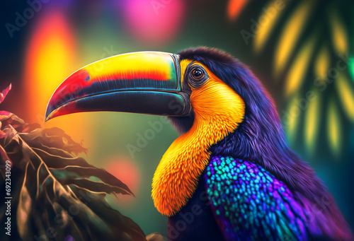 Bright vibrant Toucan bird isolated on black background. Generative AI  © zenobillis