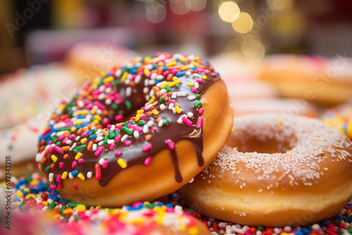 close-up shot of a donut, placed in a festive carnival setting