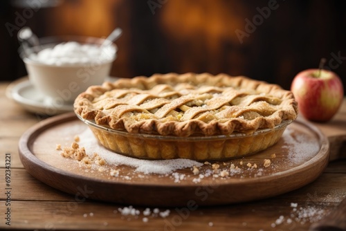 sweet apple pie with white sugar sprinkles on a wooden tray and blurred background, homemade apple pie, apple pie on a wooden table, apple pie with cinnamon