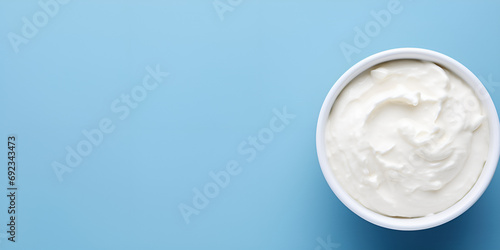 Bowl of white cream on blue background with copy space. Creamy Indulgence: Blue Background with Copy Space