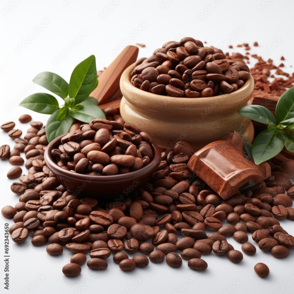 Fototapeta premium Cocoa Ingredients Beans Fresh Pod Mass, White Background, For Design And Printing