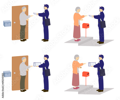 ベクターイラストセット:郵便配達員から荷物や手紙を受け取る高齢者