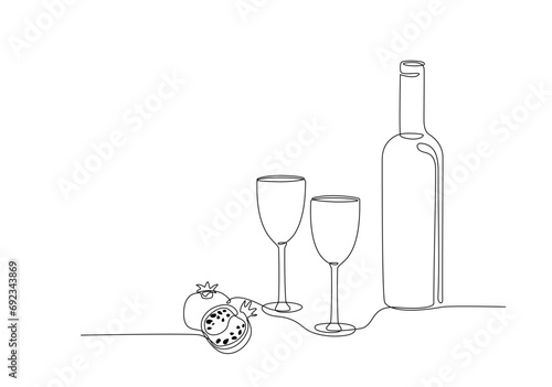 Bottle of wine with glass and pomegranate continuous one line drawing editable stroke. Single line drawing of bottle with alcohol, wineglass, glassware, fruit. Line art style for menu, banner, poster