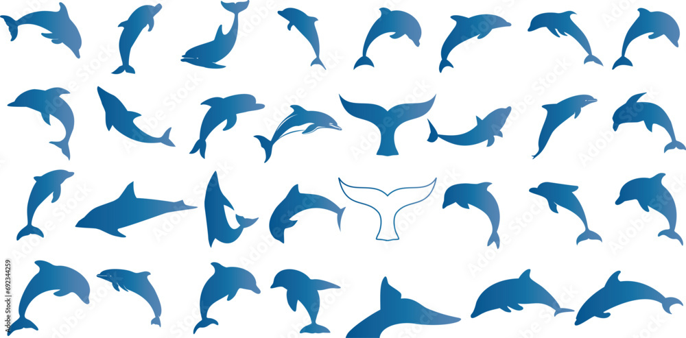 Dolphin silhouette vector illustration, marine life theme. Blue dolphins on a white background, perfect for ocean-related designs.Represents aquatic mammals, sea creatures, and cetaceans Dolphin silhouette vector illustration, marine life theme. Blue dolphins on a white background, perfect for ocean-related designs.Represents aquatic mammals, sea creatures, and cetaceans