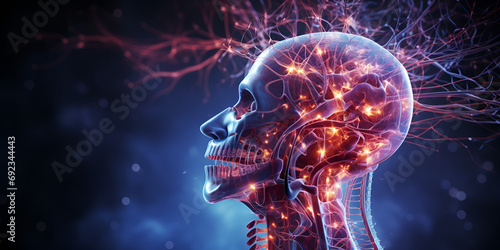 3d illustration showing active brain and energetic Human head with glowing neurons in brain Esoteric and meditation concept Connection with other worlds. Neural Cosmos: Esoteric Meditation Visualizati