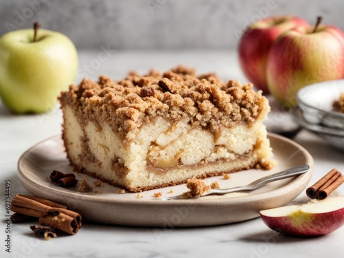 Piece of fresh homemade apple and cinnamon crumb coffee cake on white background , apple pie with cinnamon, apple pie with raisins, apple pie on a plate, apple pie with cinnamon and nuts