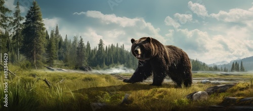 Giant dark bear strolling in a grassy forest meadow.