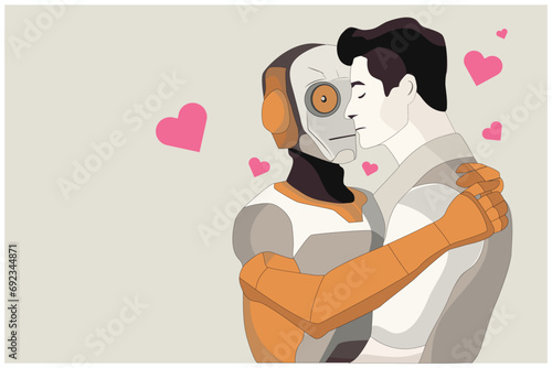 technology smart robot hug man, love - friend -family - brother - sister concept art, valentine heart card design, minimal flat vector illustration 