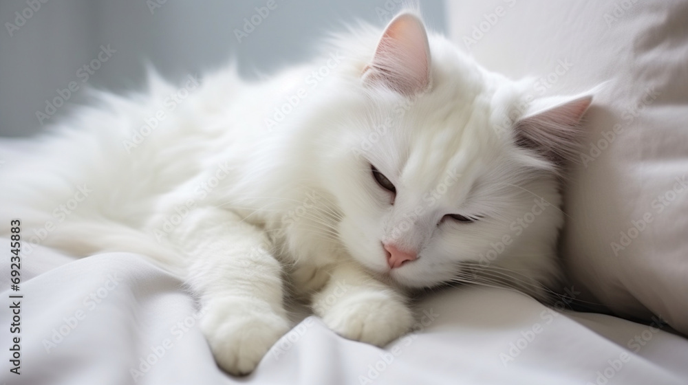 Adorable Turkish Angora Cat Relaxing on White Bed