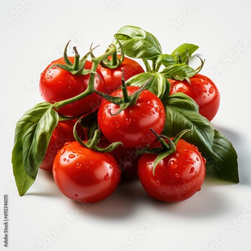 Fresh Cherry Tomatoes Sweet Basil Leaves, White Background, For Design And Printing © HKTArt4U