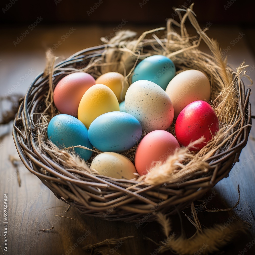 A basket of brightly colored easter eggs in a basket. Sitting on a rustic wooden table. A basket of brightly colored easter eggs in a basket. Sitting on a rustic wooden table.