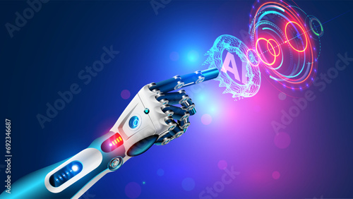 Robot arm with artificial intelligence presses a button with an AI logo. The cyborg hand touches the holographic interface with his index finger. AI bot in Industry 4.0. AI robotic hand tap HUD screen