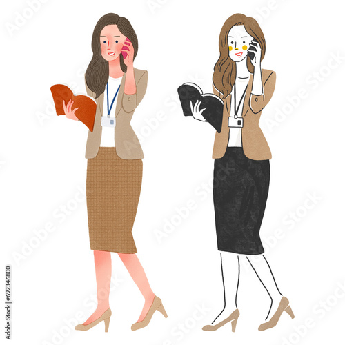 オフィスで働く電話をする女性全身手描きイラスト