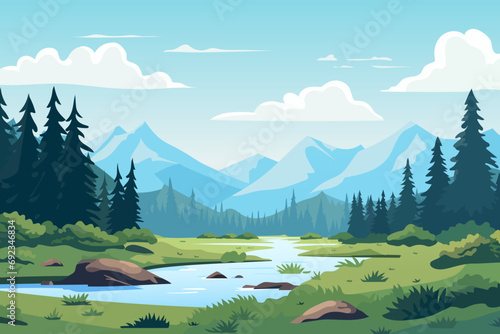 Beautiful landscape. A magnificent forest clearing with a river bank against the backdrop of amazing mountains. Vector illustration of a spring or summer landscape.